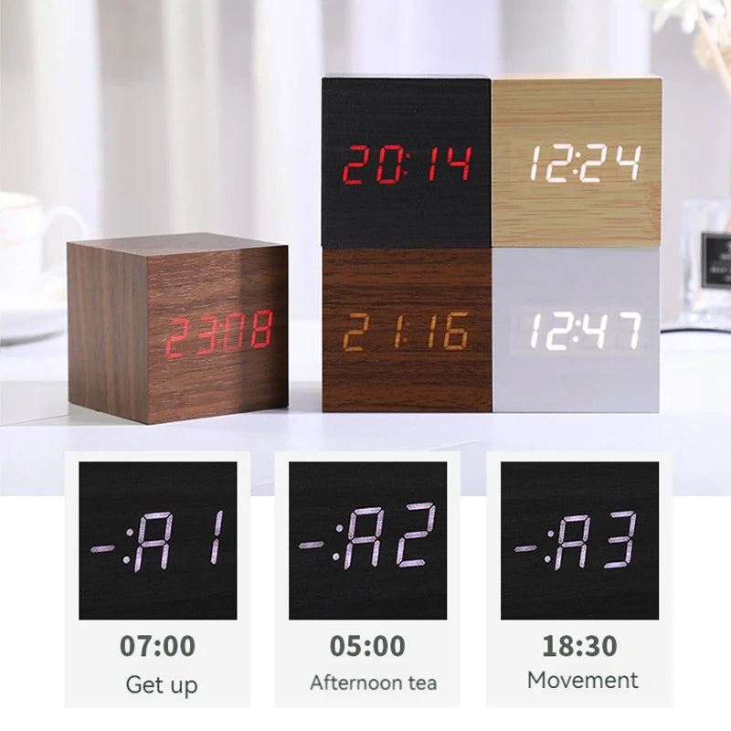 Wooden Digital Alarm Clock with Temperature Cube, Art Ornaments, Decoration Supplies, USB/AAA Powered, Electronic Desktop Clocks