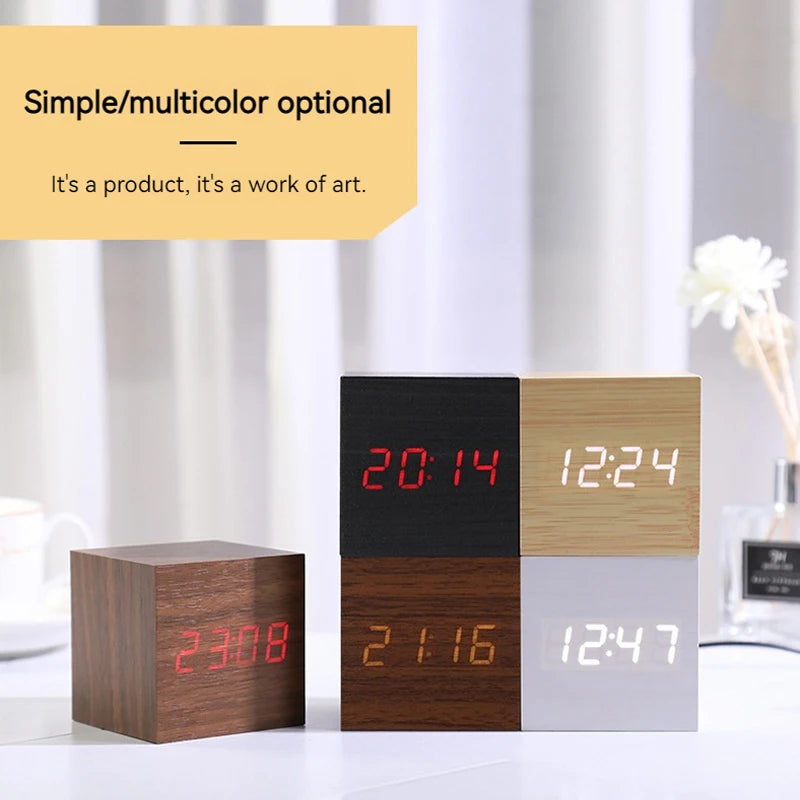 Wooden Digital Alarm Clock with Temperature Cube, Art Ornaments, Decoration Supplies, USB/AAA Powered, Electronic Desktop Clocks